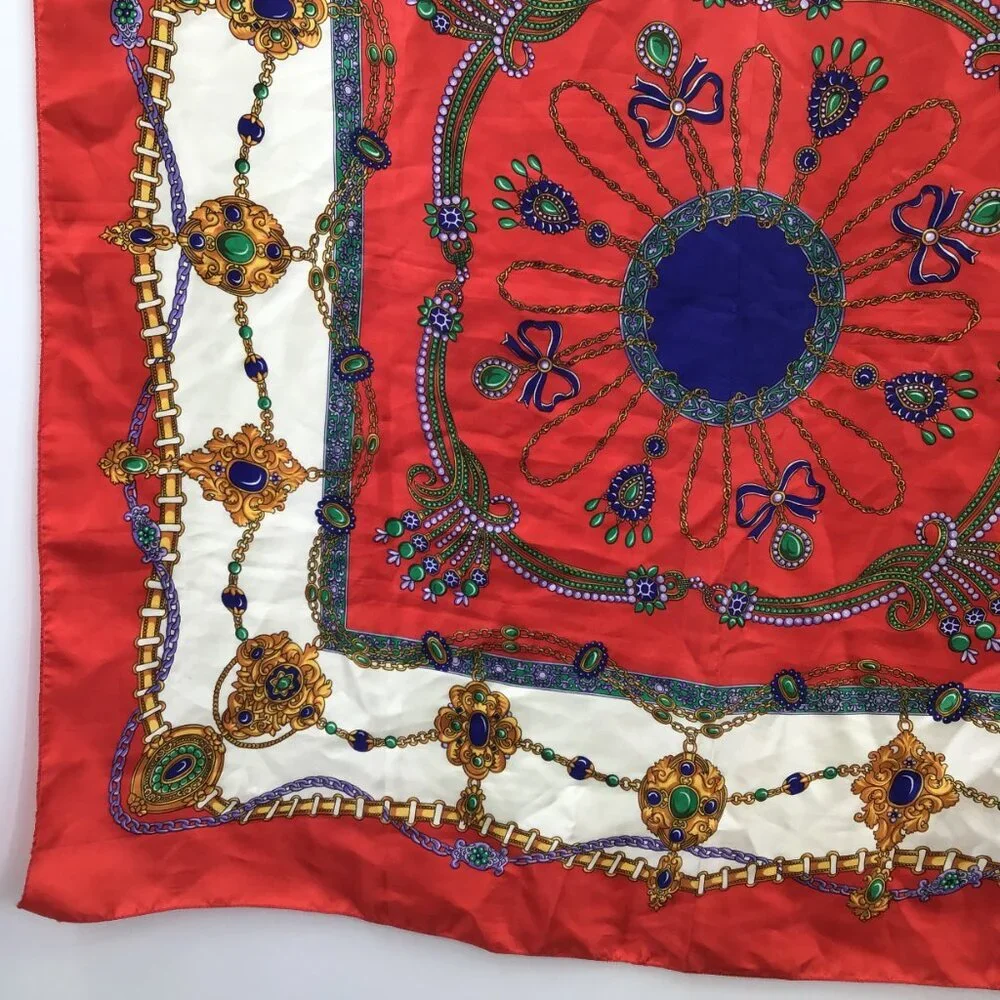 Women's Colorful Vintage Large Square Scarf Jewels Christmas Colors Retro 1980s